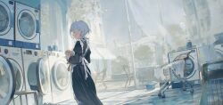 1girl absurdres alternate_costume animal apron bang_dream! bang_dream!_it&#039;s_mygo!!!!! cat chair chinese_commentary commentary_request day enmaided grey_hair highres holding holding_animal holding_cat kaname_raana maid maid_apron meme outdoors shopping_cart short_hair solo washing_machine white_apron zombie_ke