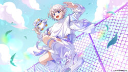 1girl :d banpen_(todoroki_hajime) blonde_hair blue_sky chain-link_fence choker cloud commentary_request copyright_notice day fence from_below high_tops highres holding holding_stuffed_toy hololive hololive_dev_is iridescent jacket jumping leaf leg_warmers long_sleeves mikawa_ayumu multicolored_hair official_art open_mouth outdoors purple_choker purple_eyes purple_hair shirt shoes short_hair shorts sky smile sneakers solo streaked_hair stuffed_toy t-shirt teeth todoroki_hajime todoroki_hajime_(1st_costume) two_side_up upper_teeth_only virtual_youtuber white_jacket white_leg_warmers white_shirt white_shoes white_shorts