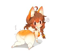 1girl animal_ears ass bow brown_hair chibi fake_animal_ears fur_collar gloves leotard looking_at_viewer orange_bow orange_leotard original paw_print socks toconikky white_gloves white_socks