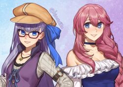 2girls bare_shoulders blue_bow blue_choker blue_eyes blue_one-piece_swimsuit bow braid breasts brown_hat character_request choker cleavage commentary eiyuu_densetsu emma_millstein glasses grey_shirt grin hair_bow hat hiomaika long_hair looking_at_viewer medium_breasts meltryllis_(swimsuit_lancer)_(fate) meltryllis_(swimsuit_lancer)_(second_ascension)_(fate) multiple_girls off-shoulder_one-piece_swimsuit off_shoulder one-piece_swimsuit pink_hair purple_hair purple_vest sen_no_kiseki sen_no_kiseki_(series) sen_no_kiseki_i sen_no_kiseki_iii shirt small_breasts smile swimsuit upper_body very_long_hair vest