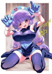 1girl bed black_dress blue_corset blue_gloves boots breasts corset dress glasses gloves gluko large_breasts long_hair looking_at_viewer mon_colle_knights panties purple_eyes purple_hair rokumon_tengai_mon_colle_knight seiza sitting thigh_boots thighs twintails underwear white_panties yoshikage_(yo4kage)