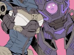 1girl apex_legends ash_(titanfall_2) blue_leotard close-up humanoid_robot leaning_forward leotard omega_point_pathfinder pathfinder_(apex_legends) pink_background pouch robot science_fiction sketch y_(user_rjry7778)