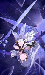 1girl absurdres breasts closed_mouth genshin_impact gloves grey_hair highres holding holding_sword holding_weapon long_hair medium_breasts po_(popopo2525x) purple_gloves red_eyes skirk_(genshin_impact) solo sword upside-down weapon