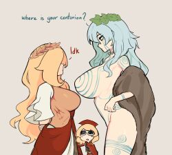 Rule 34 | 3girls, absurdres, arm tattoo, armor, blonde hair, breastplate, breasts, cape, centurii-chan, centurii-chan (character), chest tattoo, english text, facial tattoo, greco-roman clothes, hair over one eye, highres, legate (centurii-chan), long hair, medium hair, meme, multiple girls, open mouth, original, pictish witch (anonhistory), red cape, robe, roman clothes, roman empire, short hair, shoulder tattoo, simple background, stomach tattoo, tattoo, toony