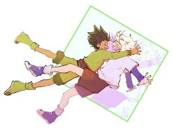 2boys black_shoes blush closed_eyes endocix falling freckles full_body gon_freecss green_hair green_shirt green_shorts grin hunter_x_hunter incoming_hug killua_zoldyck multiple_boys purple_sleeves reaching reaching_towards_another shirt shoes short_hair shorts smile sneakers spiked_hair spread_fingers white_hair white_shirt zoom_layer