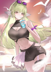 1girl absurdres arknights bare_shoulders black_shirt black_shorts breasts cleavage cleavage_cutout clothing_cutout commentary cowboy_shot crop_top cropped_shirt drink drinking_straw green_hair highres hip_vent holding holding_drink horobu large_breasts long_hair looking_at_viewer midriff navel official_alternate_costume parted_lips pink_eyes poncirus_(arknights) poncirus_(to_rest_in_night_breezes)_(arknights) shirt short_shorts shorts sketch sleeveless sleeveless_shirt solo standing thigh_strap wind