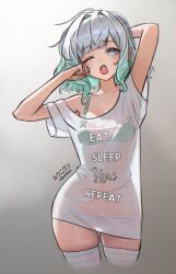 1girl absurdres arm_behind_head arm_up artist_name blue_eyes bra_visible_through_clothes breasts clothes_writing contrapposto curvy english_text ghost_girl gradient_background gradient_hair green_hair grey_background grey_hair hair_intakes highres indie_virtual_youtuber looking_at_viewer mint_fantome mint_fantome_(minto_2.0) multicolored_hair one_eye_closed open_mouth panties_visible_through_clothes rukunikun see-through_silhouette short_hair short_sleeves simple_background skindentation small_breasts solo teeth thighhighs thighs upper_teeth_only virtual_youtuber white_thighhighs yawning