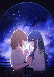 2girls bang_dream! bang_dream!_it&#039;s_mygo!!!!! black_ribbon blonde_hair blue_hair braid chinese_commentary commentary_request hair_ribbon highres interlocked_fingers long_hair long_sleeves medium_hair misumi_uika multiple_girls purple_eyes railing ribbon shirt short_sleeves sidelocks sky star_(sky) starry_sky togawa_sakiko white_shirt yellow_eyes yun_cao_bing yuri