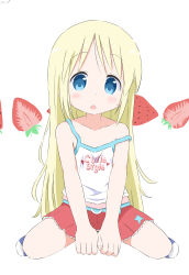 1girl :o absurdres ana_coppola blonde_hair blue_eyes blush camisole collarbone english_text food fruit hair_ornament heart highres ichigo_mashimaro kneehighs long_hair looking_at_viewer open_mouth red_skirt sitting skirt socks solo strap_slip strawberry striped_background very_long_hair wariza watermelon