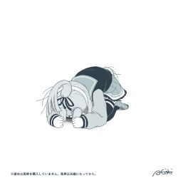 1girl a4_(a4_eishi) all_fours alternate_hairstyle chrono_genesis_(umamusume) clenched_hands full_body hair_between_eyes hair_ornament highres kneeling long_hair ponytail school_uniform shoes signature solo thighhighs tracen_school_uniform umamusume white_background