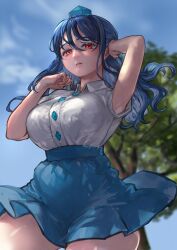Rule 34 | 1girl, armpits, blue hair, blue skirt, blue sky, blurry, blurry background, breasts, buttons, cowboy shot, day, diamond button, expressionless, gonglijeongli, hashtag-only commentary, hat, highres, iizunamaru megumu, large breasts, long hair, looking at viewer, outdoors, parted lips, pointy ears, red eyes, shirt, skirt, sky, sleeveless, sleeveless shirt, solo, tented shirt, tokin hat, touhou, tree