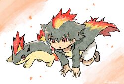 1girl absurdres all_fours androgynous black_jacket brown_footwear creature_and_personification embers fire gen_2_pokemon hair_between_eyes highres hotathino jacket nintendo no_nose open_mouth personification pokemon quilava red_eyes shirt short_hair shorts torn_clothes torn_jacket twitter_username white_shorts yellow_shirt