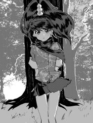 1girl ace_attorney ace_attorney_investigations highres kay_faraday monochrome scarf skirt solo solo_focus standing tree xmartieisgood