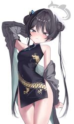 1girl arched_back arm_behind_head arm_up armpits bare_shoulders black_hair blue_archive blush braid braided_bun breasts bug butterfly_hair_ornament china_dress chinese_clothes closed_mouth coat covered_navel cowboy_shot dot_nose double_bun dragon_print dress grey_coat grey_eyes grey_halo hair_between_eyes hair_bun hair_ornament half-closed_eyes halo head_tilt hhg120921 highres jacket kisaki_(blue_archive) loli long_hair long_sleeves looking_at_viewer off_shoulder open_clothes open_coat pelvic_curtain print_dress short_dress side_slit sidelocks simple_background sleeveless sleeveless_dress small_breasts solo sweat thighs twintails very_long_hair white_background
