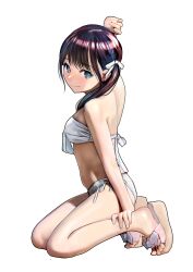 1girl absurdres arm_up back bare_shoulders bikini black_hair black_thighhighs blue_eyes blush bow breasts closed_mouth emutsuichi full_body hair_bow hair_ornament highres legs long_hair looking_at_viewer navel off-shoulder_bikini off_shoulder original platform_sandals sandals simple_background small_breasts smile solo stomach swimsuit thighhighs thighs white_background white_bikini