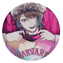 1boy absurdres adjusting_collar aegyo_sal akune_rindo animal_collar blue_hair brown_eyes brown_hair collar college_shirt earrings english_text fur_hat grin hat head_tilt highres hoop_earrings hypnosis_mic hypnosis_mic:_rule_the_stage ivinch_u jewelry layered_shirt long_sleeves looking_at_viewer male_focus multicolored_hair open_mouth pale_skin parted_hair pink_collar portrait round_image shirt short_hair simple_background smile solo streaked_hair teeth tie-dye twitter_username upper_teeth_only white_background