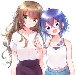 2girls absurdres bare_arms bare_shoulders blue_eyes blue_hair blue_shorts braided_sidelock brown_hair camisole closed_mouth commentary_request crossed_bangs green_eyes hair_between_eyes highres long_hair looking_at_viewer midriff_peek misakino_kukuru miyazawa_fuuka multiple_girls nyaa_(nnekoron) open_mouth red_shorts shiroi_suna_no_aquatope shirt shirt_tucked_in short_hair shorts simple_background smile upper_body v white_background white_camisole white_shirt