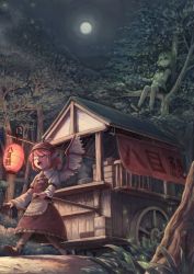 2girls animal_ears antennae apron bird_wings brown_dress cape cart closed_eyes dress fireflies food_stand forest full_moon green_hair hat in_tree lantern moon multiple_girls music mystia_lorelei nature night noren paper_lantern pink_hair ranka_(tonbo) shirt shorts singing sitting sitting_in_tree sky slice_of_life touhou tree waist_apron wings wriggle_nightbug