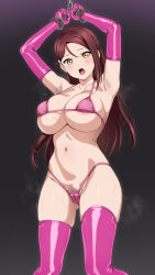 1girl alternate_breast_size areola_slip armpits arms_up bikini black_background blush breasts commission cuffs elbow_gloves female_pubic_hair fuooooo gloves hair_ornament hairclip halterneck handcuffs highleg highleg_bikini highres huge_breasts latex latex_gloves latex_legwear long_hair looking_at_viewer love_live! love_live!_sunshine!! navel open_mouth pink_bikini pink_gloves pink_thighhighs pixiv_commission pubic_hair red_hair sakurauchi_riko solo string_bikini swimsuit thighhighs yellow_eyes