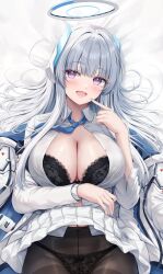 1girl arm_under_breasts black_bra black_panties black_pantyhose blue_archive blue_necktie blush bra breasts cleavage clothes_lift dress_shirt finger_to_mouth grey_hair hair_intakes halo headgear highres large_breasts long_hair loose_necktie lying mechanical_halo navel necktie noa_(blue_archive) on_back on_bed open_clothes open_mouth open_shirt panties pantyhose purple_eyes school_uniform shiny_skin shirt skirt skirt_lift solo tomoo_(tomo) tongue underwear wet white_background white_shirt white_skirt