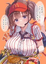 1girl blue_eyes breasts brown_hair burger button_gap commentary_request cutlass_(classic_chocolate) food headset highres imadake_dabuchi_tabemi large_breasts looking_at_viewer mcdonald&#039;s orange_background shirt short_hair short_sleeves solo speech_bubble striped_clothes striped_shirt translation_request twintails vertical-striped_clothes vertical-striped_shirt visor_cap white_shirt