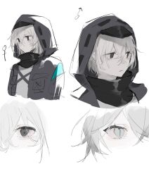 Rule 34 | 1boy, 1girl, arknights, black coat, black scarf, coat, doctor (arknights), female doctor (arknights), genderswap, genderswap (otf), genderswap (otm), grey eyes, highres, hood, hood up, hooded coat, kuuki garden, looking at viewer, male doctor (arknights), portrait, scarf, short hair, simple background, white background, white hair