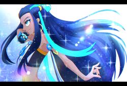 Rule 34 | 1girl, armlet, black hair, blue eyes, blue eyeshadow, closed mouth, commentary request, dark-skinned female, dark skin, earrings, eyeshadow, floating hair, gloves, hair bun, highres, holding, holding poke ball, hoop earrings, jewelry, letterboxed, long hair, looking ahead, makeup, marin sub1, nessa (pokemon), nintendo, poke ball, pokemon, pokemon swsh, profile, sidelocks, single glove, sparkle, sports bra, upper body