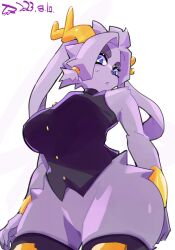 1girl animal_ears animal_nose black_shirt blue_eyes bottomless bracelet breasts buttons from_below furry furry_female grey_fur highres horns jewelry large_breasts no_panties no_pants pseudoregalia rabbit_ears shirt sozglitch sybil_(pseudoregalia) thick_eyebrows wide_hips