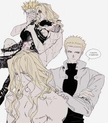 3boys black_pants black_shirt blonde_hair brothers citronplanet completely_nude covering_another&#039;s_mouth cropped_jacket dual_persona flat_color hair_between_eyes hand_on_another&#039;s_chest highres long_hair long_hair_between_eyes male_focus millions_knives multiple_boys multiple_expressions multiple_scars multiple_views nude pants prosthetic_arm_removed scar shirt short_hair siblings simple_background sketch speech_bubble spiked_hair trigun trigun_maximum turtleneck twins vash_the_stampede very_long_hair white_background yaoi