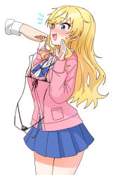 Rule 34 | 1boy, 1girl, absurdres, bikini, black bikini, blonde hair, blue bow, blue bowtie, blue eyes, blue skirt, blush, bow, bowtie, breasts, cardigan, clothes hanger, clothes in front, commentary, disembodied hand, flying sweatdrops, front-tie bikini top, front-tie top, hands up, highres, holding, holding clothes hanger, idolmaster, idolmaster cinderella girls, large breasts, long hair, long sleeves, looking at another, loose bowtie, micro bikini, miniskirt, niban (puka 0507), nose blush, ohtsuki yui, pink cardigan, pleated skirt, school uniform, shirt, simple background, skirt, sweatdrop, swimsuit, unworn bikini, very long hair, white background, white shirt