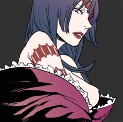 00s 1girl adiane bad_id bad_pixiv_id blue_hair breasts eyepatch female_focus frills lipstick long_hair lowres makeup medium_breasts nipple_slip nipples sideboob solo takase_(harakiri) tattoo tengen_toppa_gurren_lagann