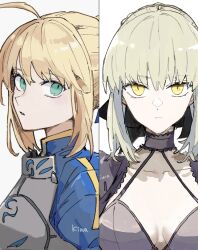 2girls ahoge armor artoria_pendragon_(fate) breasts breasts_apart closed_mouth collarbone commentary_request dual_persona fate/stay_night fate_(series) green_eyes highres ki_wa001 looking_at_viewer medium_hair multiple_girls open_mouth saber_alter simple_background upper_body white_background yellow_eyes