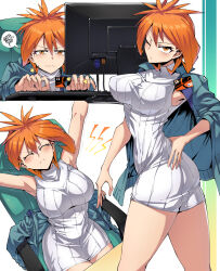 1girl blush breasts brigette_(pokemon) chair monitor creatures_(company) game_freak highres jacket jacket_on_shoulders large_breasts looking_at_viewer name_tag nintendo one_eye_closed orange_eyes orange_hair pokemon pokemon_bank shimure_(460) short_hair sitting sleeveless solo stretching sweater turtleneck turtleneck_sweater twisted_torso