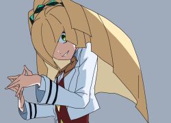 1girl alternate_hairstyle blonde_hair cosplay cropped_jacket green_eyes grey_background hair_ornament jacket long_hair long_sleeves looking_at_viewer lusamine_(pokemon) neckerchief nintendo open_clothes open_jacket pokemon pokemon_masters_ex ponytail red_vest rosa_(academy)_(pokemon) rosa_(pokemon) rosa_(pokemon)_(cosplay) school_uniform smile solo steepled_fingers suzuki_zentarou upper_body vest white_jacket