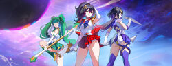 3girls back_cutout bishoujo_senshi_sailor_moon black_hair clothing_cutout cowboy_shot floating_hair from_behind from_side green_eyes green_hair green_skirt gun hand_on_own_head hand_up high_ponytail highres holding holding_gun holding_knife holding_staff holding_weapon jane_doe_(zenless_zone_zero) knife long_hair multiple_girls necktie ponytail purple_skirt qingyi_(zenless_zone_zero) red_skirt sailor_collar sailor_senshi_uniform skirt staff standing standing_on_one_leg tail tail_around_own_leg thighhighs tony_maverick twintails very_long_hair weapon zenless_zone_zero zhu_yuan