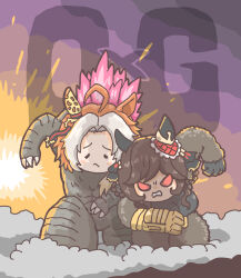 Rule 34 | 2girls, ahoge, animal ears, b.e.a.s.t. glove, braid, braided hair rings, breasts, brown hair, commentary, cosplay, crossover, ear covers, ear ornament, electroshock weapon, fighting, furrowed brow, gauntlets, gentildonna (umamusume), giant, giant monster, giantess, godzilla, godzilla (cosplay), godzilla (monsterverse), godzilla (series), godzilla and kong running (meme), godzilla evolved, godzilla x kong: the new empire, hair intakes, hair ornament, hair rings, heart, heart hair ornament, highres, horse ears, horse girl, huge ahoge, kaiju, king kong, king kong (cosplay), king kong (series), legendary pictures, light brown hair, meme, monster girl, monsterverse, multiple crossover, multiple girls, orange hair, orfevre (old design) (umamusume), parody, pikpik0109, red eyes, single ear cover, tackle, toho, umamusume, umamusume tanuki, utchi, v-shaped eyes, weapon