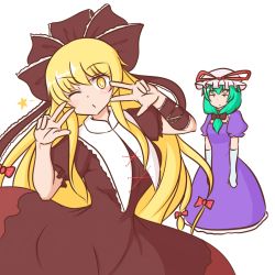 2girls arm_ribbon blonde_hair bow bright_pupils brown_bow brown_dress brown_ribbon cosplay costume_switch double_w dress elbow_gloves female_focus frilled_ribbon frills front_ponytail gloves hair_bow hair_ribbon hat hat_ribbon highres kagiyama_hina kagiyama_hina_(cosplay) long_hair looking_at_another looking_at_viewer matching_hair/eyes mizusoba mob_cap multiple_bows multiple_girls one_eye_closed purple_dress red_bow red_ribbon ribbon simple_background standing star_(symbol) t_t touhou very_long_hair w white_background white_gloves white_pupils yakumo_yukari yakumo_yukari_(cosplay) yellow_eyes