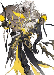 Rule 34 | 2boys, abs, absurdres, bandaged arm, bandages, bare shoulders, blonde hair, blood, blood on hands, braid, closed mouth, collarbone, colored skin, couple, cracked skin, dark-skinned male, dark skin, detached arm, detached collar, faceless, faceless male, floating, from side, grey hair, gyulseu, hair between eyes, hand on another&#039;s head, highres, honkai: star rail, honkai (series), leaning back, leaning forward, long hair, looking down, looking up, multicolored skin, multiple boys, multiple scars, muscular, muscular male, nanook (honkai: star rail), nervous sweating, no shirt, official alternate costume, orange eyes, pants, parted lips, phainon (honkai: star rail), scar, short hair, sidelocks, simple background, spiked hair, sweat, twin braids, two-tone skin, wavy hair, white background, yaoi, yellow blood