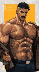 Rule 34 | 1boy, abs, bara, black hair, border, chest hair, cowboy shot, denim, facial hair, grey border, grey hair, hairy, highres, invincible (series), jeans, large pectorals, male focus, mature male, multicolored hair, muscular, muscular male, mustache, navel, navel hair, nipples, nolan grayson, one eye closed, open clothes, open shirt, pants, pectorals, plaid clothes, plaid shirt, shirt, short hair, tobo katsuo, twitter username, two-tone hair, veins, yellow background