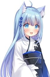 Rule 34 | 1girl, :3, ahoge, animal ear piercing, animal ears, black sash, blue eyes, blue hair, blush, commentary request, dog ears, dog girl, earrings, highres, japanese clothes, jewelry, kimono, long hair, looking at viewer, nanashi inc., obi, obijime, open mouth, sash, simple background, single earring, smile, solo, souya ichika, transparent background, upper body, usaba (usabara c), very long hair, virtual youtuber, white kimono