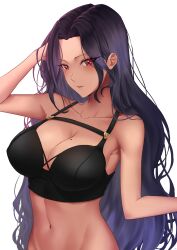 1girl absurdres arm_up armpits bare_arms black_bustier black_hair blush breasts bustier cleavage collarbone dark-skinned_female dark_skin drunktatsu groin hair_intakes hand_in_own_hair highres large_breasts long_hair looking_at_viewer mole mole_on_breast navel nijisanji nijisanji_en parted_lips red_eyes scarle_yonaguni sidelocks simple_background solo stomach upper_body virtual_youtuber white_background