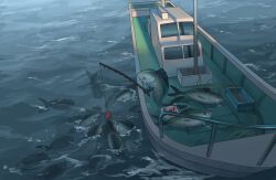 boat crying fins fish fishing fishing_rod food frown highres holding holding_fishing_rod meat no_humans ocean on_boat original outdoors smile streaming_tears surreal tears tensen_(dotted_line) water watercraft