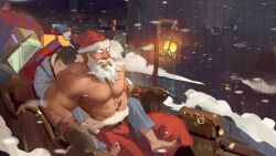 2boys bara beard christmas facial_hair from_side grin happy hat highres hug hug_from_behind large_pectorals long_beard male_focus mature_male multiple_boys muscular muscular_male old old_man original pectorals red_headwear sack santa_claus santa_costume santa_hat short_hair sled sleeping sleigh smile snowing thick_beard thick_eyebrows tooboshoo topless_male wrinkled_skin yaoi