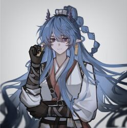Rule 34 | 1girl, alternate costume, arknights, blue hair, closed mouth, colored extremities, dragon girl, dragon horns, earrings, gibberish commentary, grey background, hair between eyes, hand on own elbow, highres, horns, japanese clothes, jewelry, kimono, ling (arknights), long hair, looking at viewer, muted color, pointy ears, purple eyes, shang ge promax, sleeves pushed up, solo, upper body, white kimono