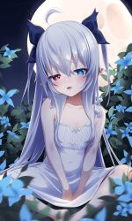 1girl absurdres ahoge bare_arms barefoot between_legs black_bow blue_eyes blush bow breasts bright_pupils closed_eyes commission covered_navel crying crying_with_eyes_open dress fang flower_request full_body full_moon furrowed_brow goki_buri hair_between_eyes hair_bow half-closed_eyes hand_between_legs heterochromia highres indian_style indie_virtual_youtuber leaf long_hair looking_at_viewer moon night night_sky nisha_(vtuber) nisha_(vtuber)_(1st_costume) open_mouth outdoors pointy_ears red_eyes sad_smile sitting sky sleeveless sleeveless_dress small_breasts smile solo tears two_side_up virtual_youtuber white_dress white_hair white_pupils
