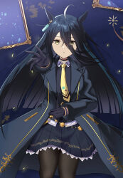 1girl absurdres ahoge animal_ears black_hair black_pantyhose black_serafuku earrings gloves hair_ornament hand_on_own_stomach highres horse_ears horse_girl jewelry long_hair looking_at_viewer lying manhattan_cafe_(umamusume) on_back pantyhose reaching reaching_towards_viewer school_uniform serafuku single_earring solo umamusume very_long_hair wasi yellow_eyes