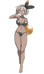 Rule 34 | 1girl, absurdres, alternate breast size, alternate costume, ball, barefoot, bea (pokemon), bikini, black hairband, blue eyes, bow hairband, breasts, collarbone, commentary request, dark-skinned female, dark skin, eating, food, full body, grey hair, hairband, hand up, highres, holding, holding ball, knees, large breasts, looking to the side, navel, nintendo, pokemon, pokemon swsh, popsicle, short hair, simple background, solo, standing, swimsuit, thigh gap, toes, tsuneshima, white background