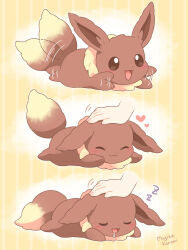 Rule 34 | 1other, :3, :d, artist name, brown eyes, closed eyes, closed mouth, commentary request, disembodied hand, drooling, eevee, gen 1 pokemon, headpat, heart, motion lines, mugita konomi, nintendo, open mouth, pokemon, pokemon (creature), sleeping, smile, striped background, yellow background, zzz