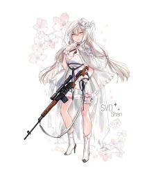 1girl boots dress flower girls&#039;_frontline gloves grey_eyes gun hat high_heels highres holding holding_gun holding_weapon jewelry long_hair necklace shan solo standing svd_(girls&#039;_frontline) veil weapon wedding_dress white_hair white_veil