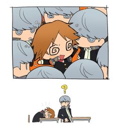 Rule 34 | 2boys, @ @, brown hair, desk, dreaming, grey hair, hanamura yousuke, head on table, headphones, headphones around neck, multiple boys, narukami yu, nt 26, persona, persona 4, school desk, school uniform, yasogami school uniform